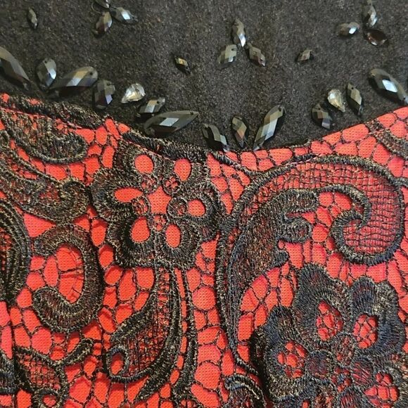 Black And RED Rayon Wool Dress Sequins Zip Deco sz Large - Picture 3 of 5